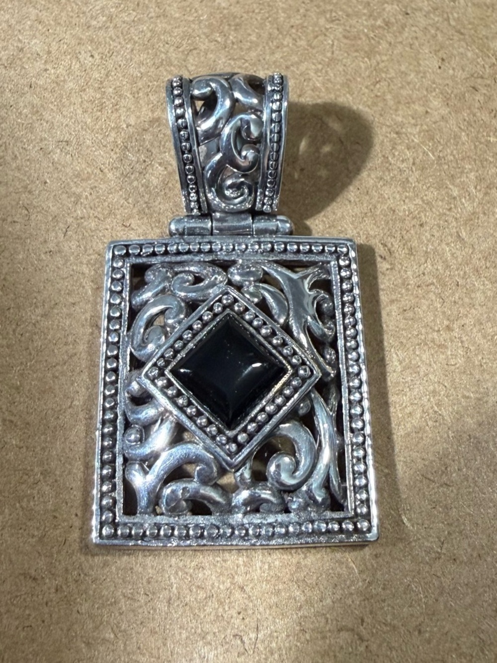 925 Sterling Silver Scroll Pendant Black Onyx 1.75” Ornate Filigree